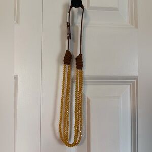 Faux Brown Suede and Mustard Yellow Layered Beaded Necklace with button closure